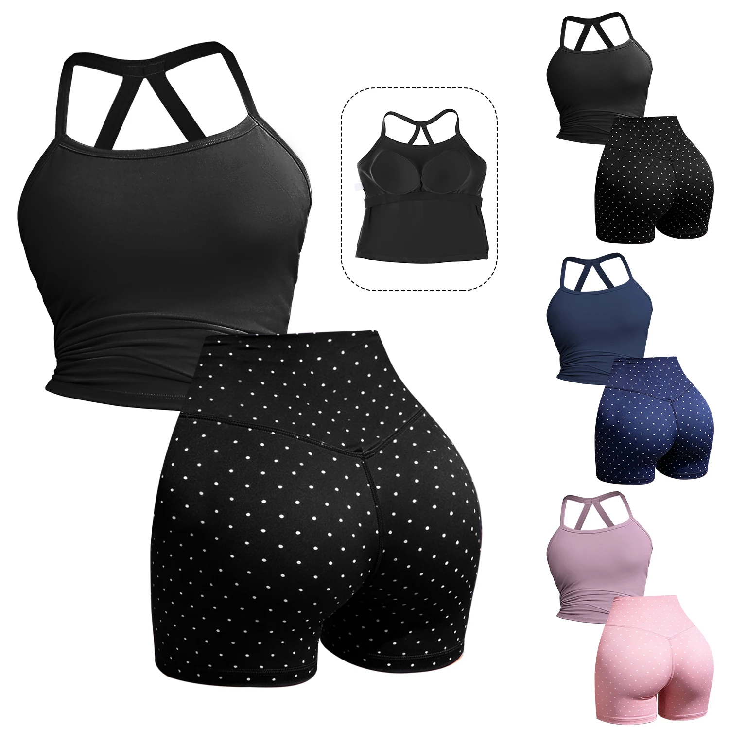 

2 Piece Fitness Sets Back Cross Sporty Top Bra And Dot Print High Waist Biker Shorts Set Yoga Outfit Workout Tracksuit For Women