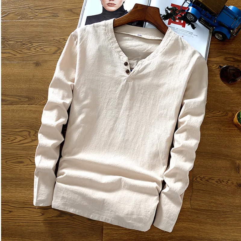 Plus Size M-7XL Pure Color Tops 2024 New Cotton Linen Men's V-neck t-Shirt Flax Slim Casual Two Buttoning Long Sleeve blouse