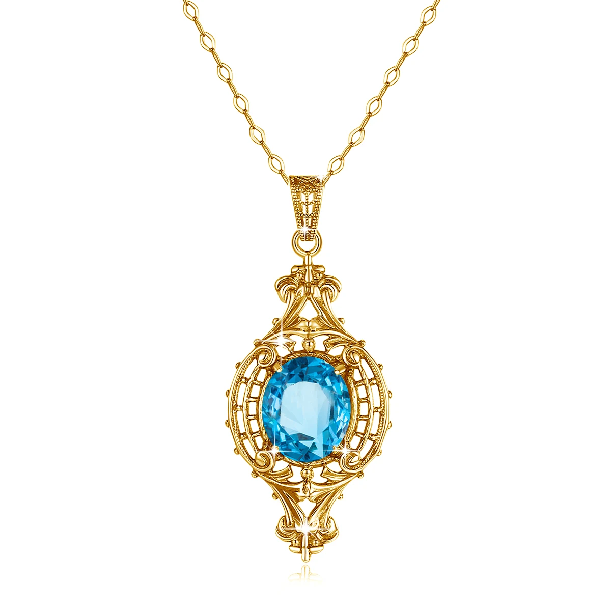 Vintage Blue Topaz Pendant Necklace 925 Sterling Silver Gold Plated Oval Cut Gemstone Necklaces for Women Luxury Filigree Jewelr