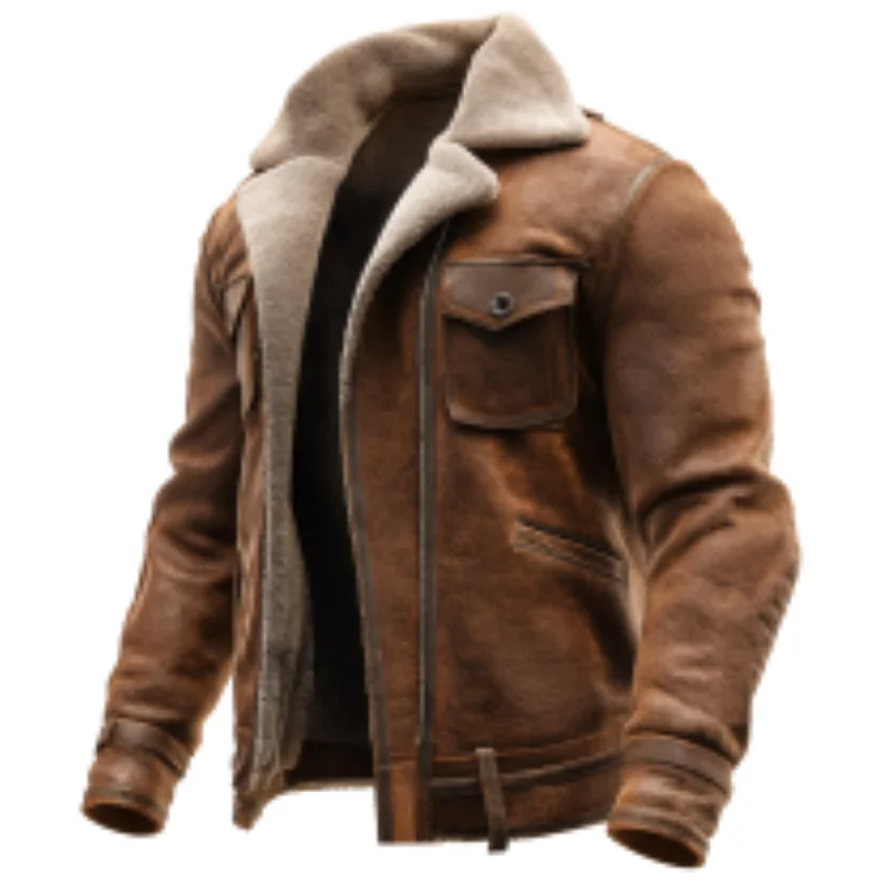 

2025 Mens Brown Suede Leather Jacket Vintage Style Faux Shearling Lining Winter Warm Biker Coat Retro Aviation Outerwear