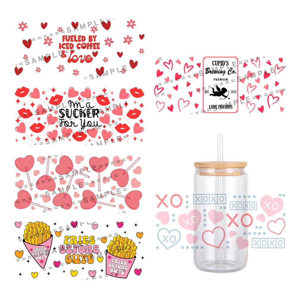 Valentine's Day Theme Heart Lip Pattern UV DTF Transfer Sticker Waterproof Transfers Decals For 16oz Glass Cup Wrap Stickers