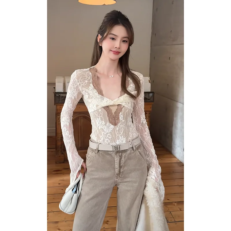

Pure Desire Spicy Girl Color Blo Knot Bell Sve Deep V Jumpsuit Slim Fit Sexy Inner Wear High Waist ort Pants Polyester...