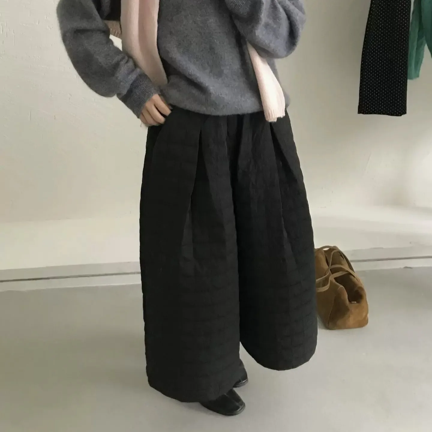 Damskie spodnie z szerokimi nogawkami, ocieplane, codzienne, luźny krój, wyszczuplające, długość 7 cali, koreański styl, wysoki stan, krój latarnia...