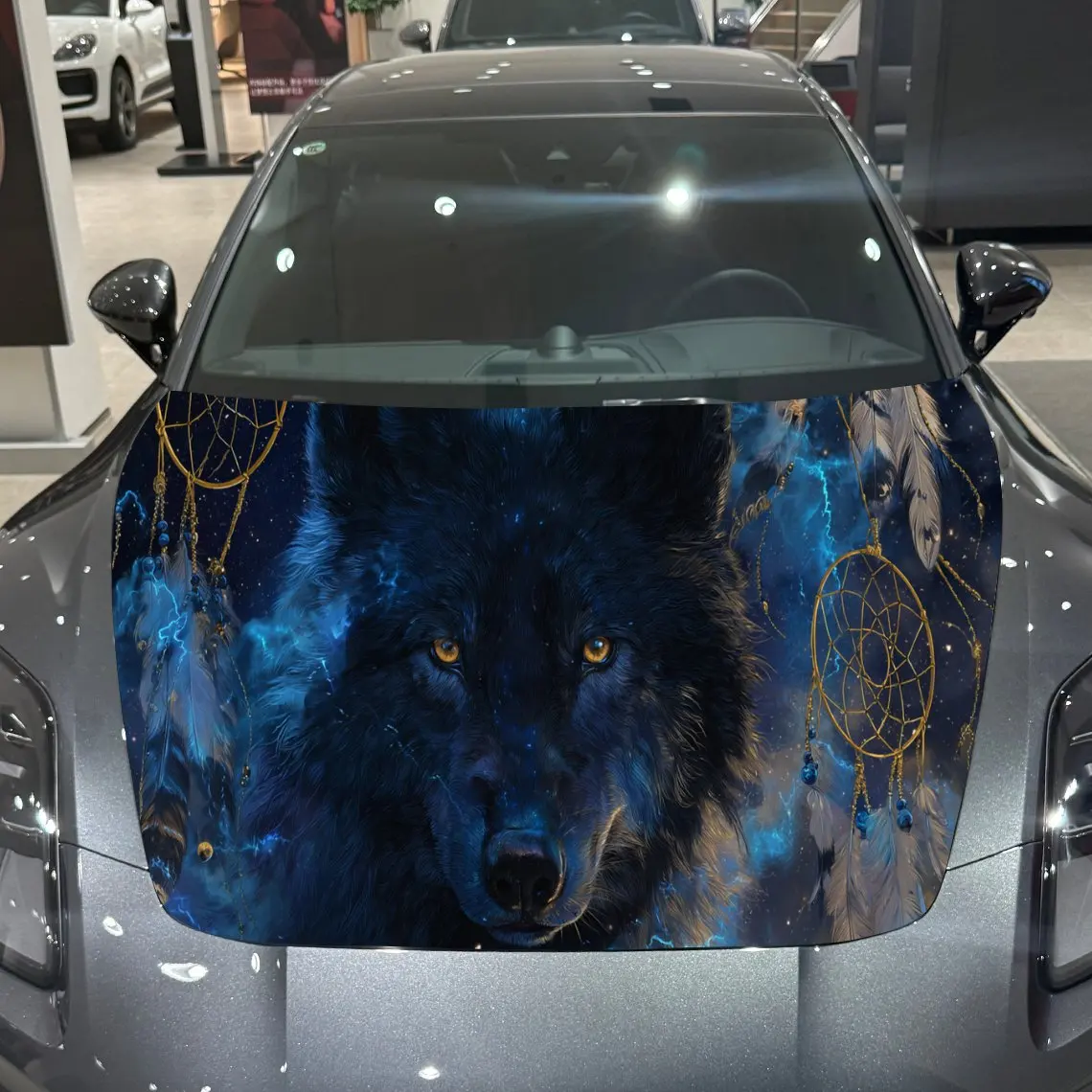 สติ๊กเกอร์ติดฝากระโปรงรถยนต์ลายมิสติกวูล์ฟดรีมแคชเชอร์ วัสดุ PVC กันน้ำ ติดตั้งง่ายด้วยกาวในตัว สำหรับตกแต่งและปกป้องรถยนต์