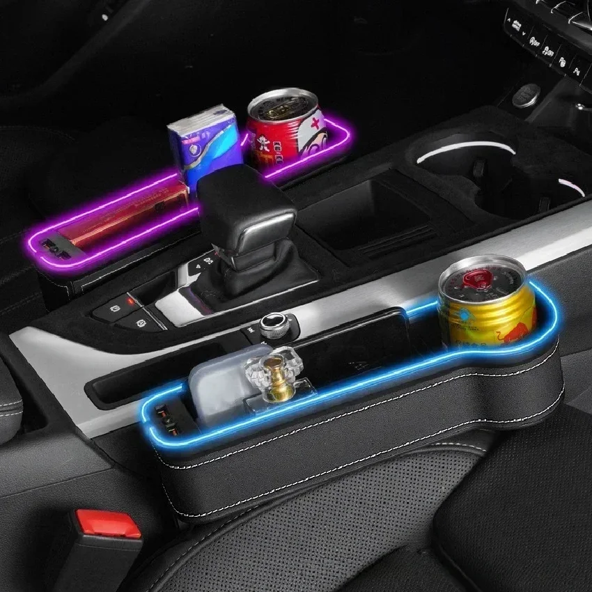

New Car Crevice Storage Box with 2 USB Charger Colorful LED Seat Gap Slit Pocket Seat Organizer Card Phone Bottle Cups Holder