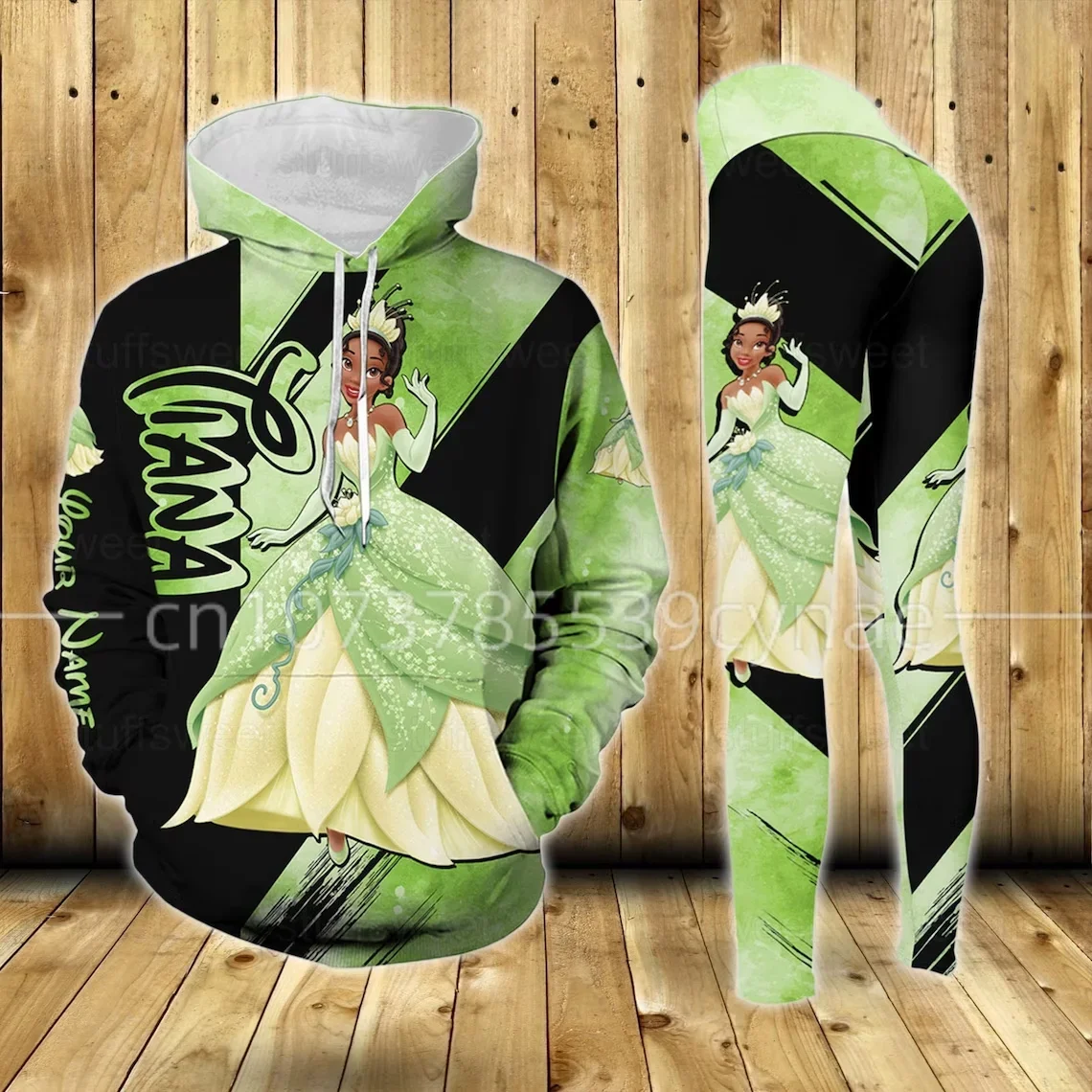 

2024 New Disney Princess Tiana 3D Hoodie Women's hoodie suit Princess Tiana Yoga pants Sweatpants Fashion sports suit