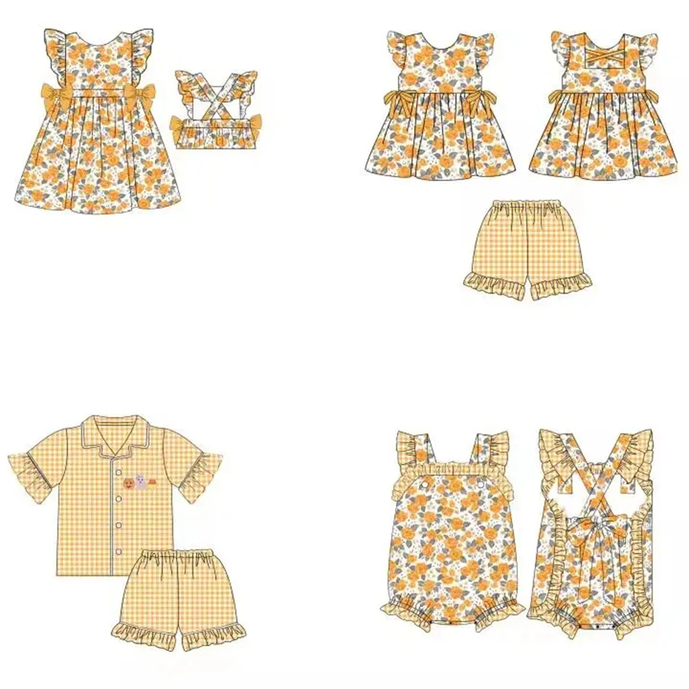 

Boutique Summer Clothes Baby Matching Suit Yellow Floral Print Girls Clothes flutter Sleeve Design