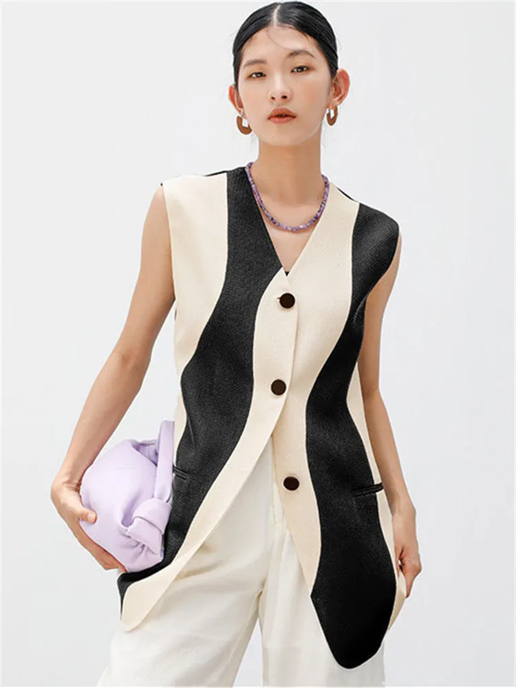 Contrastสีเสื้อกั๊กแขนกุดผู้หญิงVคอเดี่ยวอเนกประสงค์หญิงยาวเสื้อ 2025 ฤดูร้อนใหม่เสื้อกั๊กCardigan