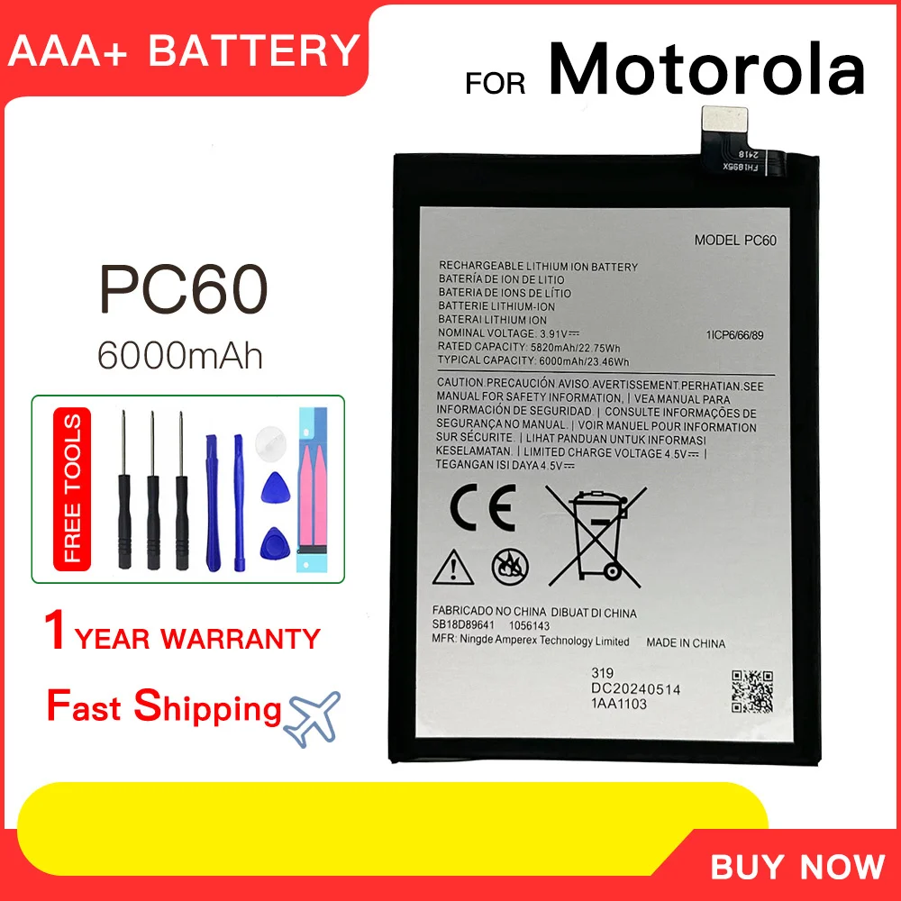 

100% genuine Brand New PC60 6000mAh Battery For Motorola MOTO G24 G54 5G /G54 Power 5G phone Replacement Batteries Batteria