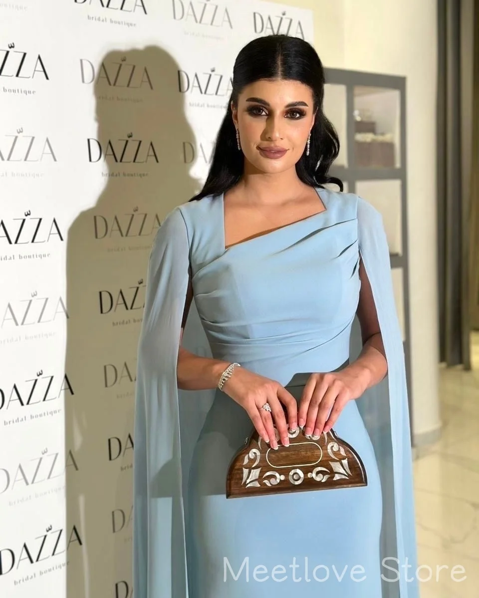 Meetlove Square Neck Sleeveless Blue Chiffon Floor Length Sheath Prom Dresses Simple Shawl Evening Gowns Customized