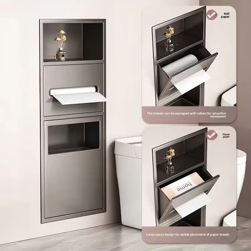 Modern corner bathroom stainless steel wall-mounted embedded trash can niche anti-corrosion paper towel rack integrated