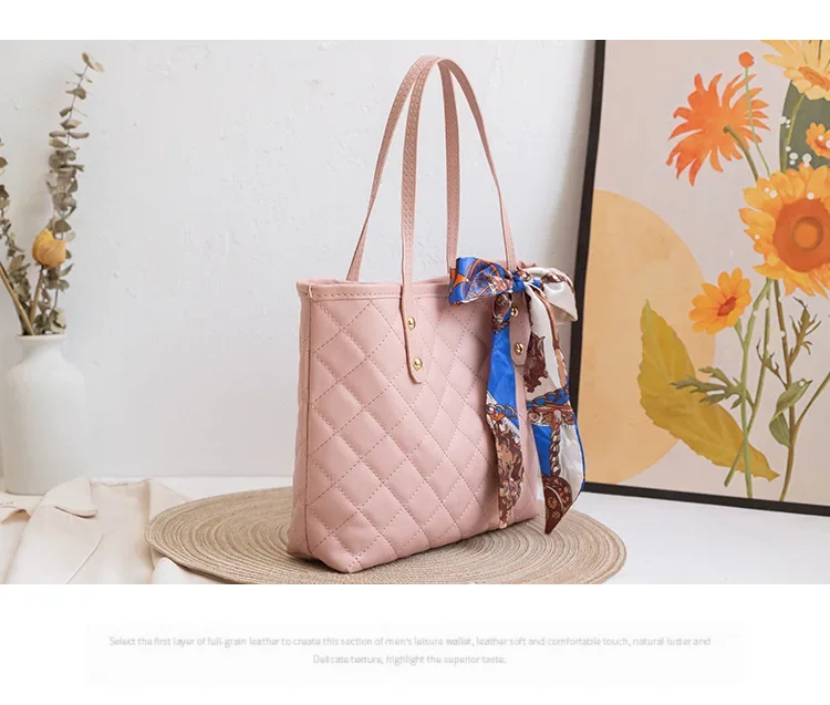 Large Capacity Lingge Embroidery Bag New Trendy Simple Scarf Tote Bag One Shoulder Bucket Bag Bags for Women