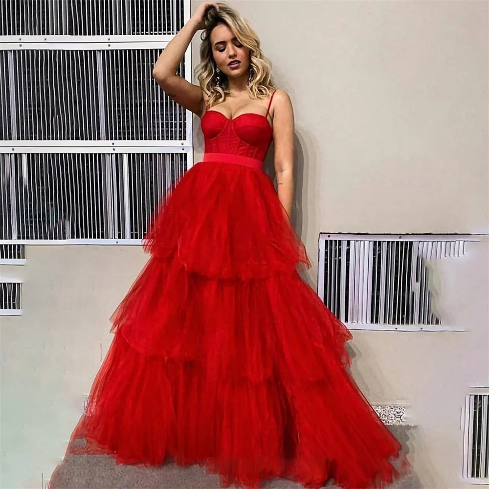 

Lily Red Spaghetti Straps Prom Dress Rufles A Line Long Party Dresses Celebrity Gowns Layer Wedding Party Dress вечерние платья