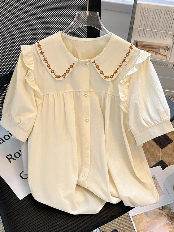 Colar de boneca bordado ort sve feminino irt versátil formal sle verão novo design redução de idade topo na moda