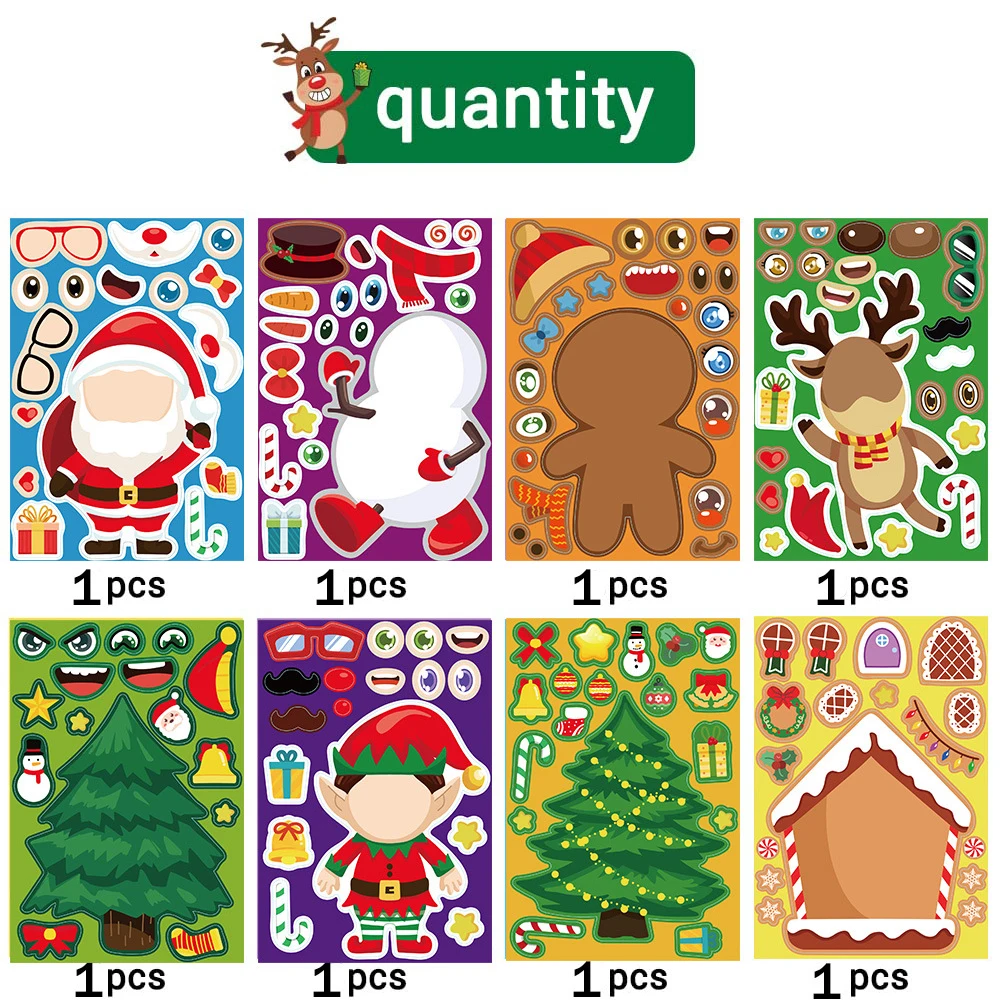 8/16sheets Christmas Cartoon Puzzle Stickers Cute Santa Claus Dwarf Make a Face Children DIY Fun Assemble Jigsaw Decals Kids Toy