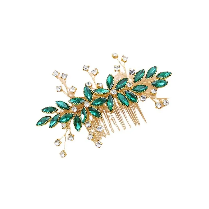 New Bride Hair Comb Green Crystal Handwoven Pearl Hair Comb European and American Style Headwear Hair Accessories for Women