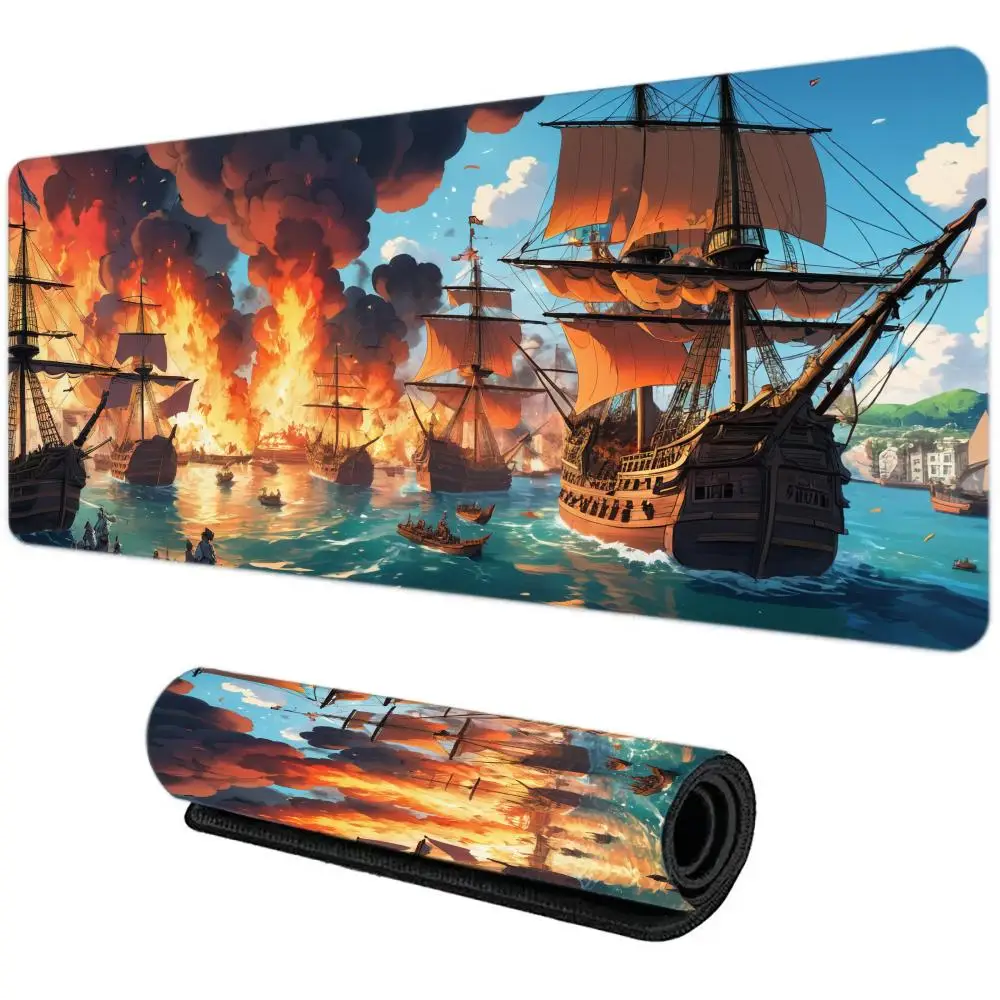Tappetino per mouse Burning Ships Tappetino per tavolo da gioco per ufficio di grandi dimensioni Tappetini per tastiera con bordo cucito antiscivolo in gomma XXL Accessorio da scrivania lungo