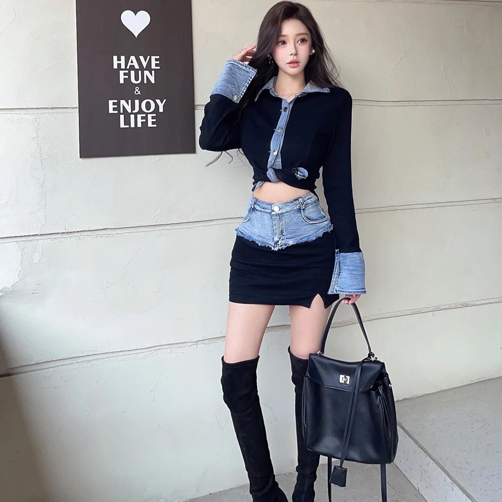 

Gothiscyn Retro Set Women's Summer Patchwork Denim Long-sleeved Jacket High Waisted Skirt Two-piece Set Fashion Female Clothes