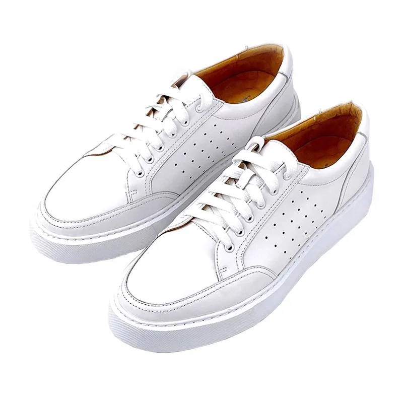 Minimalist White Cowhide Skate Shoes Men Sneakers Hand Stitched Thick Platform Sole Lightweight Walking Trainers
