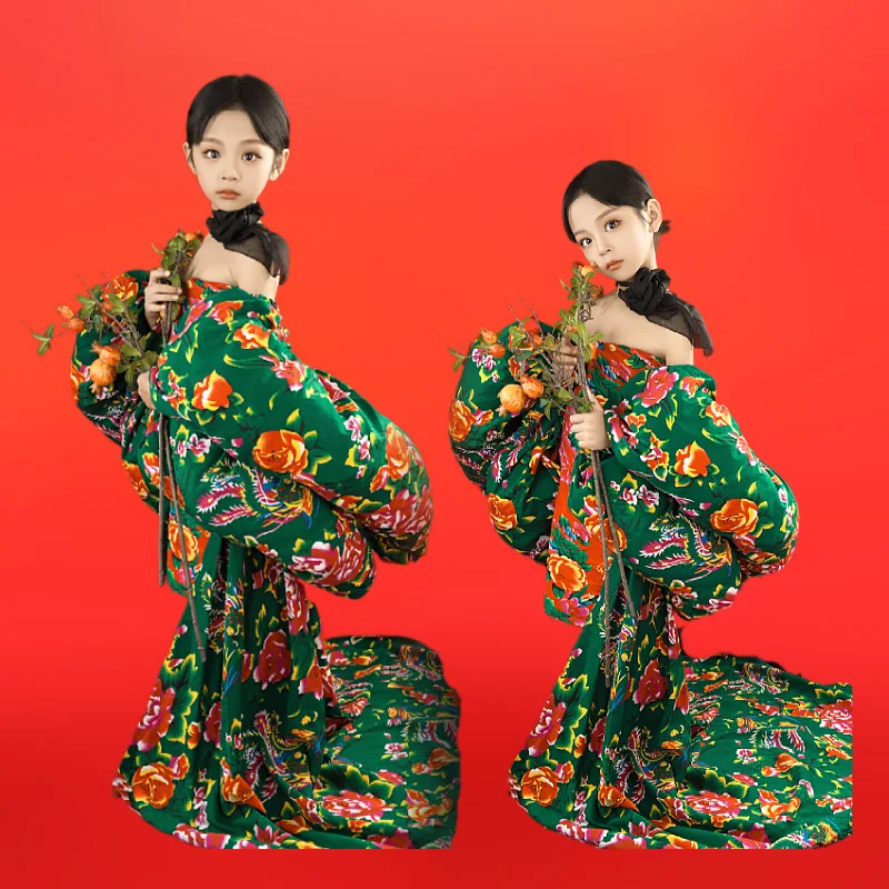 

Girls Northeast Big Flower Catwalk Costumes Children's Photography Costumes Runway Catwalk National Tide Dopamine Locomotive
