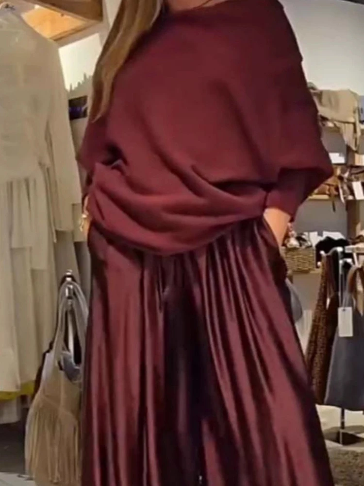 

Elegant Slash Collar Off Shoulder Top&Satin Wide Leg Pants Sets Fashion Irregular Solid Commute Outfits Lady Simple Loose Sets