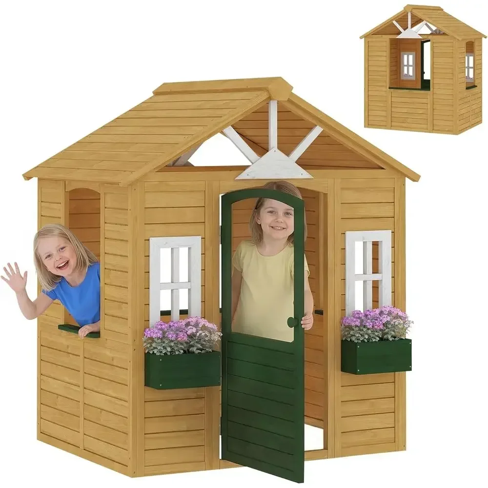 Qaba Outdoor Playhouse, Wooden Kids Playhouse with Working Door, 3 Windows and 2 lower Boxes, Kids Cottage or Backyard Garden, I