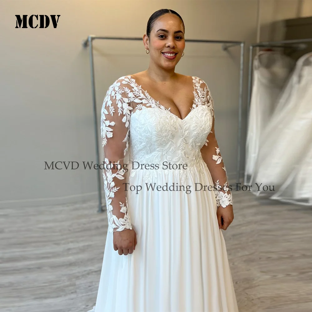 فساتين زفاف شيفون MCDV على شكل حرف v وأكمام طويلة بدون ظهر فساتين العروس المدنية مزينة رداء de mariée grande taille مخصصة