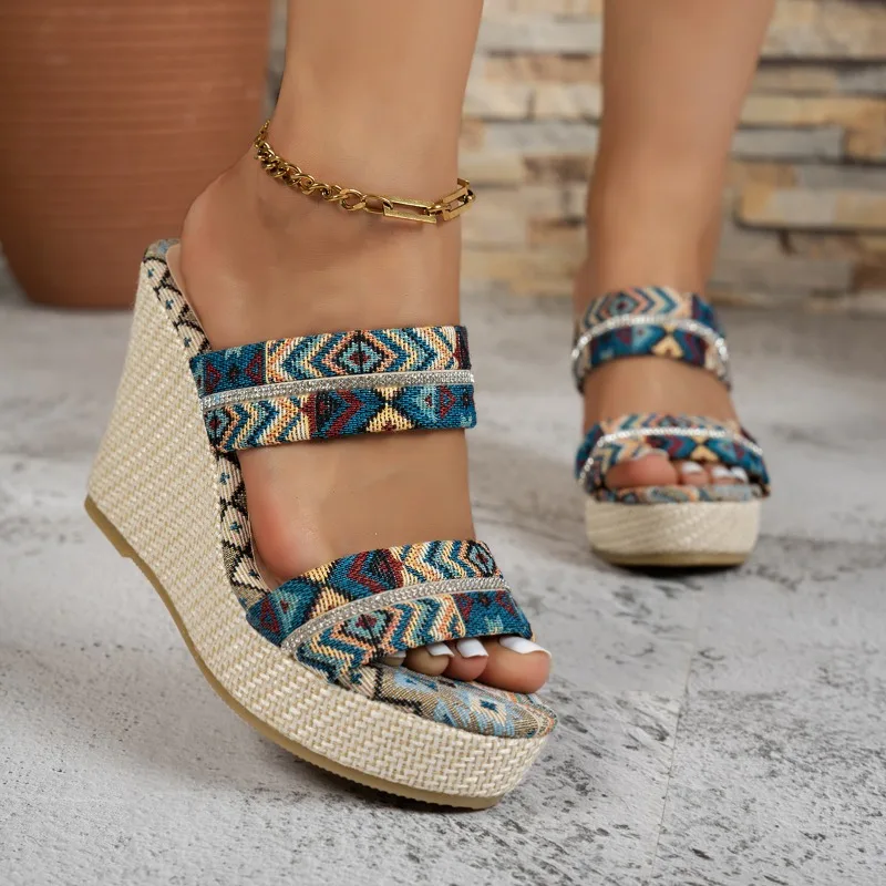 2026 Summer New Trend Geometric Women's Sandals Retro Fashion Ethnic Style Wedge Casual Comfort Women Shoes Сандалии Для Девочек