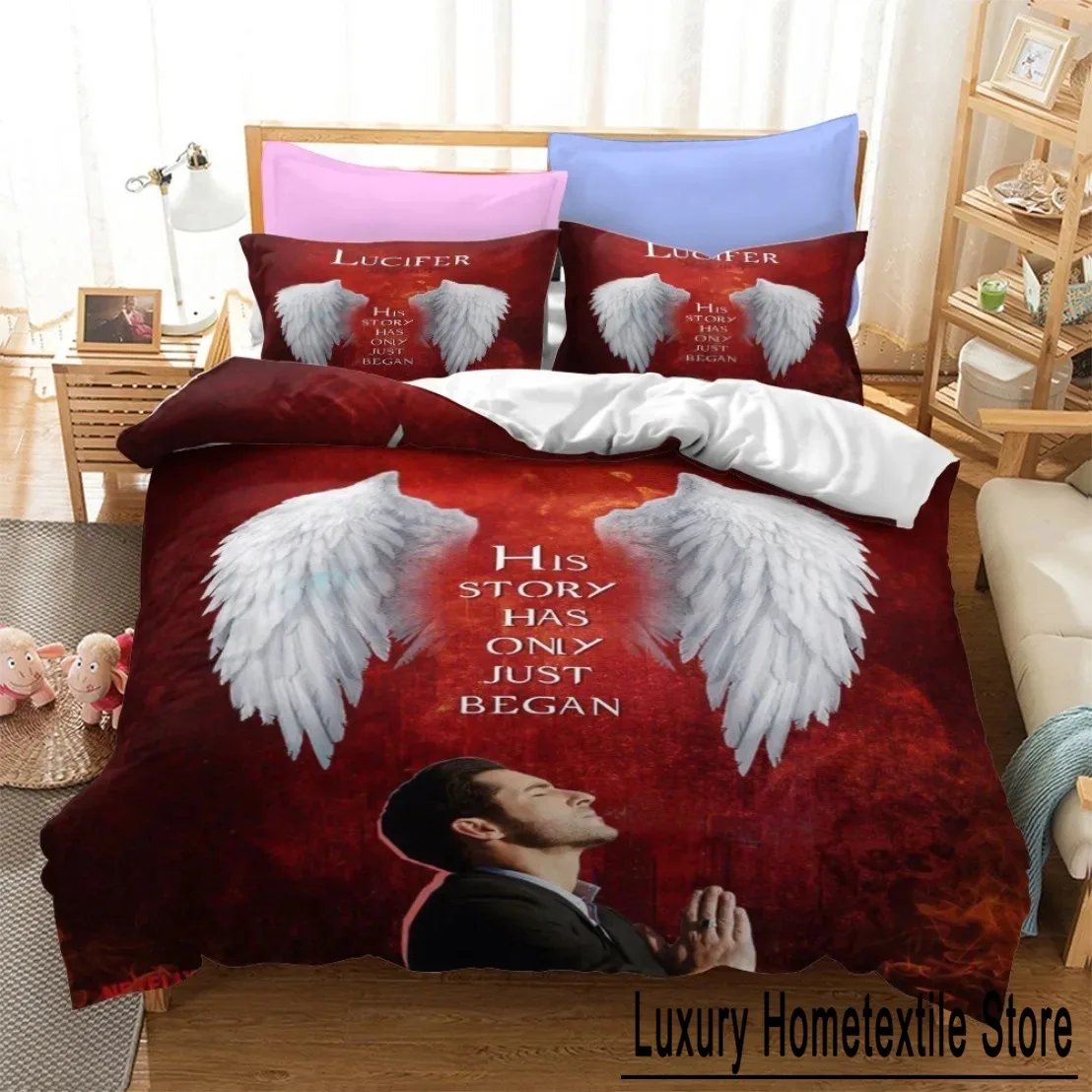 2024 Angel Wings Lucifer Bedding Set Lucifer Morningstar Satanic Duvet Cover Set Aesthetic Wing Feathe Comforter Cover Set