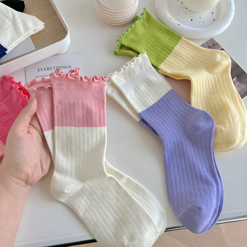 

5 Pairs Women's Socks Set Contrasting Comfortable High-quality Cotton Sock Color Dopamine Rolled Edges Sweet Cute Mid Tube Socks