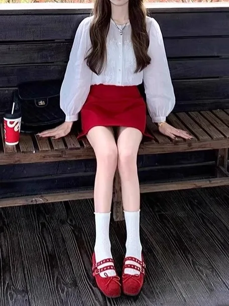 High Waist A-Line  Skirt Women's plus Size Korean Style Pure Desire Fashion Anti-Light Red Short Skirt for Autumn
