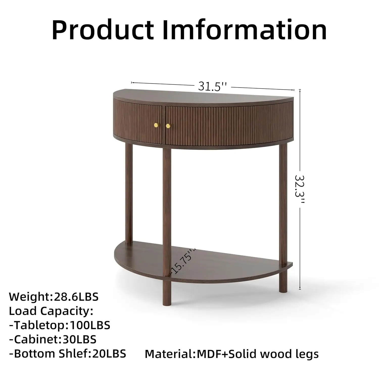 Half Moon Console Table Wave Door, Semi-Circle End Table 2 Drawers & Shelf Entryway Living Room 31.5