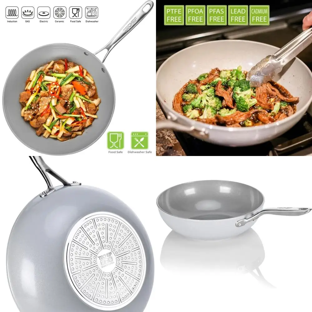 

12 Korean-Made Ceramic Wok with Nonstick Flat Bottom, PFOA/PTFE/PFAS-Free, Dishwasher & Oven Safe