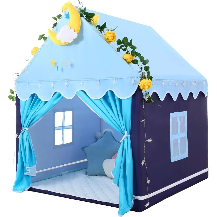Tente de jeu bleue avec tapis et lumières étoiles pour tout-petits, maison de jeu intérieure, tente de princesse pour filles, maison de jouet, tissu cadeau