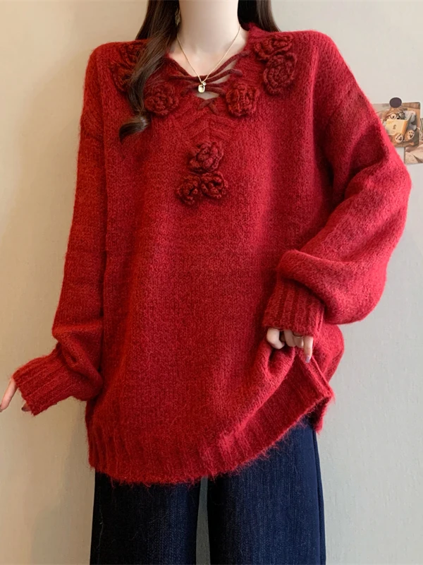 여성용 루즈 니트 스웨터 플로럴 디자인 가을 겨울 패션 플러스 사이즈 슬림핏 탑 캐주얼 스타일 라운드 넥 긴팔