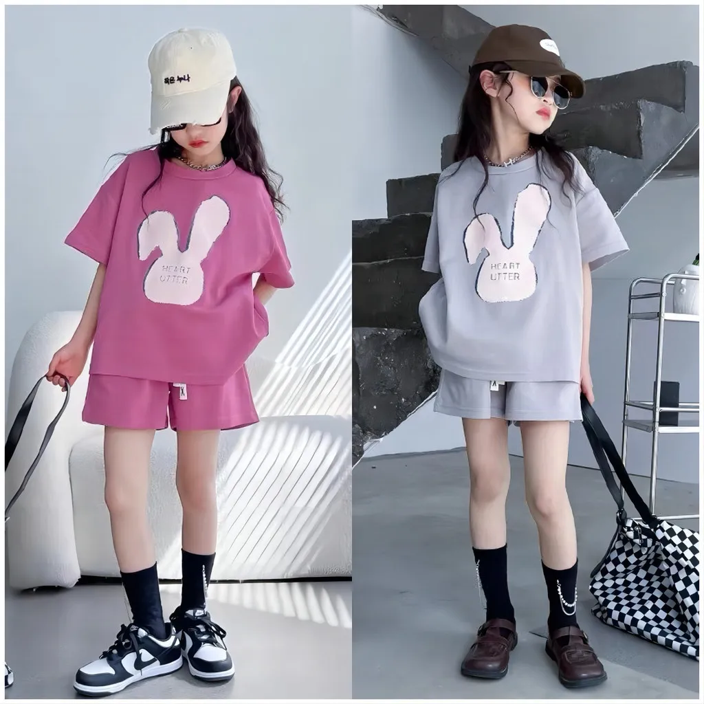 

New Hot Fashion Clothing Sets for Girls Children 5-14 Y Big Kids Chic Bunny Head Printed T-shirt Shorts Pants 2 Pcs Streetwear