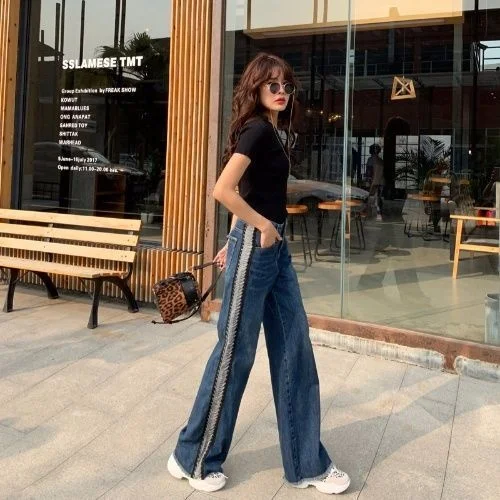 Lente Herfst 2023 Wide-Leg Jeans Vrouwen Hoge Taille Cool Stiksels Student Losse Rechte Denim Broek Vrouwelijke Lange Broek straat