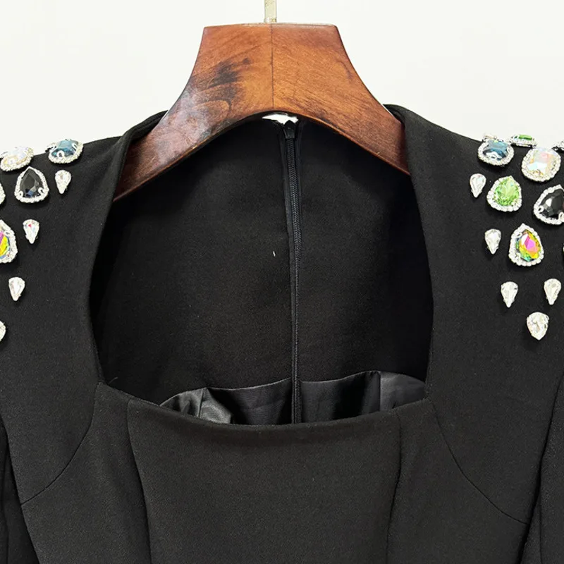 HKSH الخريف المرأة الأمريكية مزاجه أنيقة ألف خط فستان الثقيلة الحرفية الماس رصع فستان بكم طويل ثوب رسمي Ins HK8655