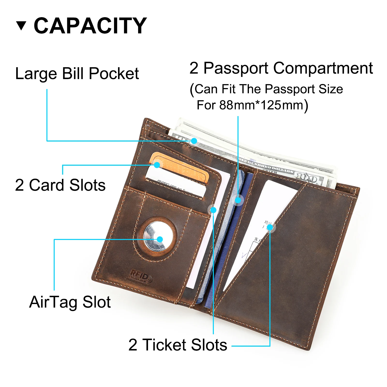 CONTACT\'S-Portefeuille de passeport RFID en cuir véritable pour hommes et femmes, accessoires de voyage international, porte-carte de crédit