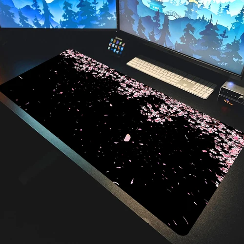 Imagen 2 del producto Alfombrilla de escritorio Kawaii con flores moradas, alfombrilla de ratón negra Sakura para juegos, alfombra de oficina con flor de cerezo, alfombrilla para ratón de 1200x600mm, alfombrilla para ordenador para Gamer