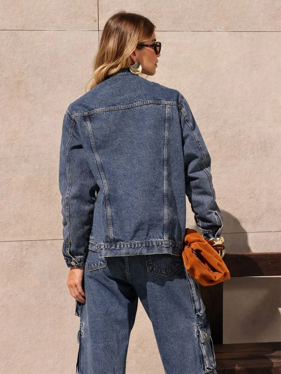 Fmxires 2025 Neue Damen-Jeansjacke im Retro-Stil, dunkelblau, Revers, neuer Herbst, locker, stilvoll, lässig, täglich, Oberbekleidung, Denim-Tops