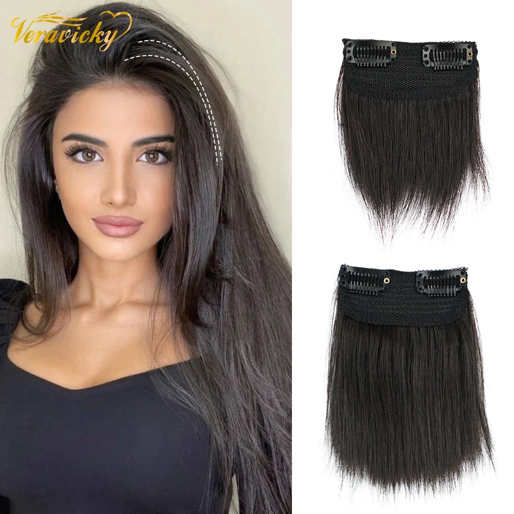 Veravicky Clip-in Hair Pad Remy Hair One Hairpiece With 2 clips 10cm 15cm Natural Black Color Invisible Tic Tac One Piece Clip