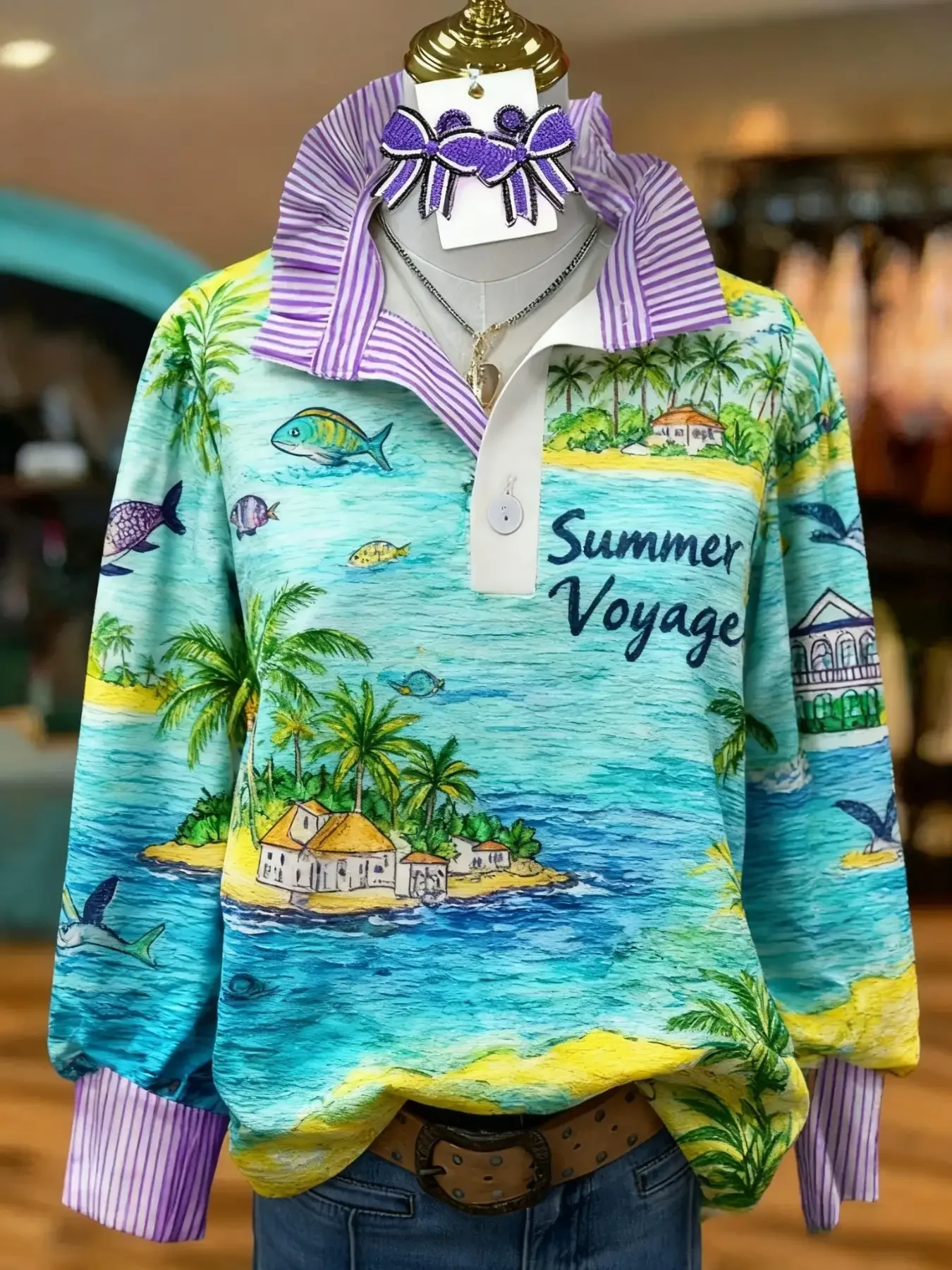 2026 Women's striped shirt with multi-color striped collar and half button shirt with Perris pattern retro floral print women's 