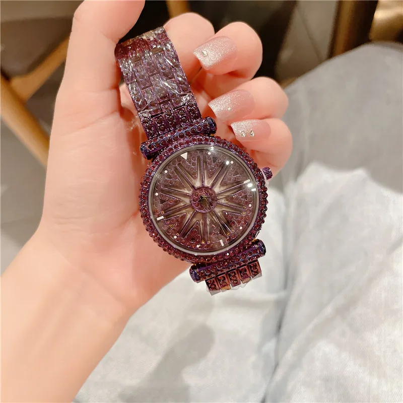 Cacaxi Brand Women Quartz Watches Full Diamond Rotating Dial Wristwatch Relojes Mujer Lady Purple Watch Relogio Feminino A302