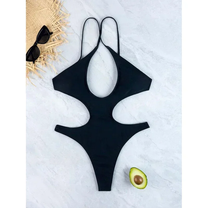 Sexy High Cut Out Monokini One Piece Swimsuit for Women Cross Halter Bathing Suit Padded Push Up Swimwear Beach Wear Swim Suit