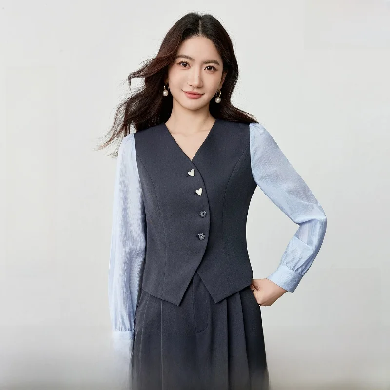 

Spring Commute Set Women's Metal Heart Buckle Arc Door Front Loose Waist Straight Leg Pants Vest Fake Two-Piece Fashion Set