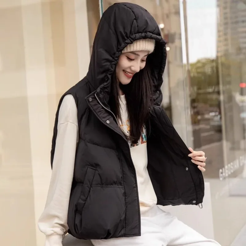 2024 new Korean version loose slimming hooded white duck down commuting style loose silhouette vest jacket of high quality