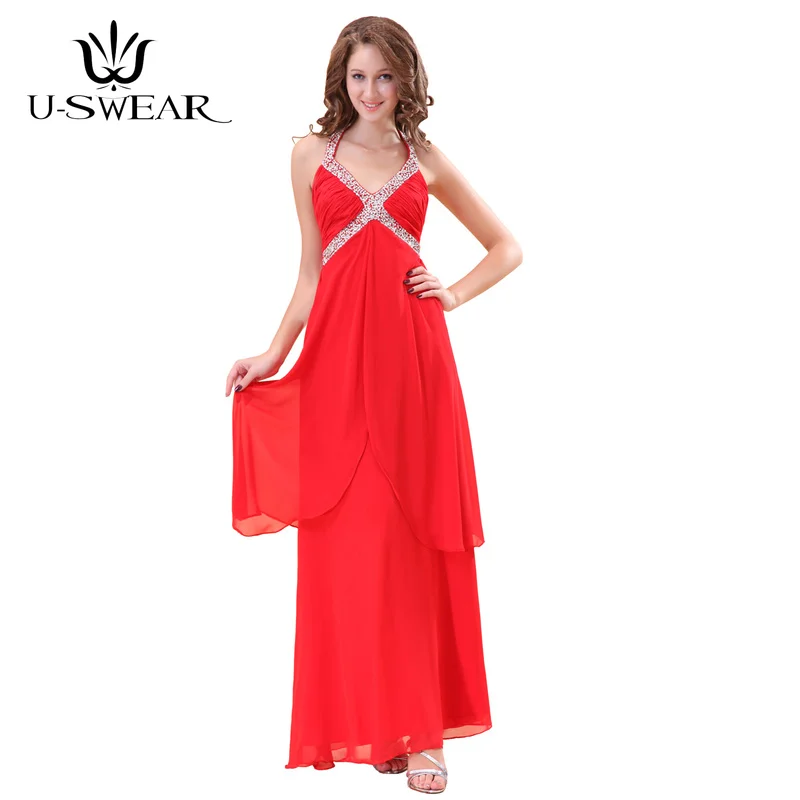 

Charming Red Bridesmaid Dresses Sleeveless Halter Dresses for Wedding Party Beading Chiffon Robe Demoiselle Evening Dresses