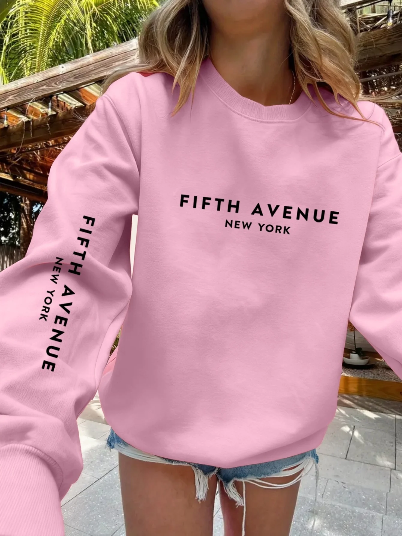 Women's casual sports crew-neck sweatshirt with letter print, trendy brand, long sleeve, printed design, suitable for all seas