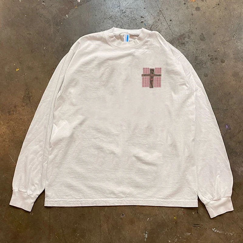 Heavyweight 300g Pure Cotton Long Sleeve T-Shirt Cross Motif High Street Hip Hop Unisex Versatile Couple Matching Tee